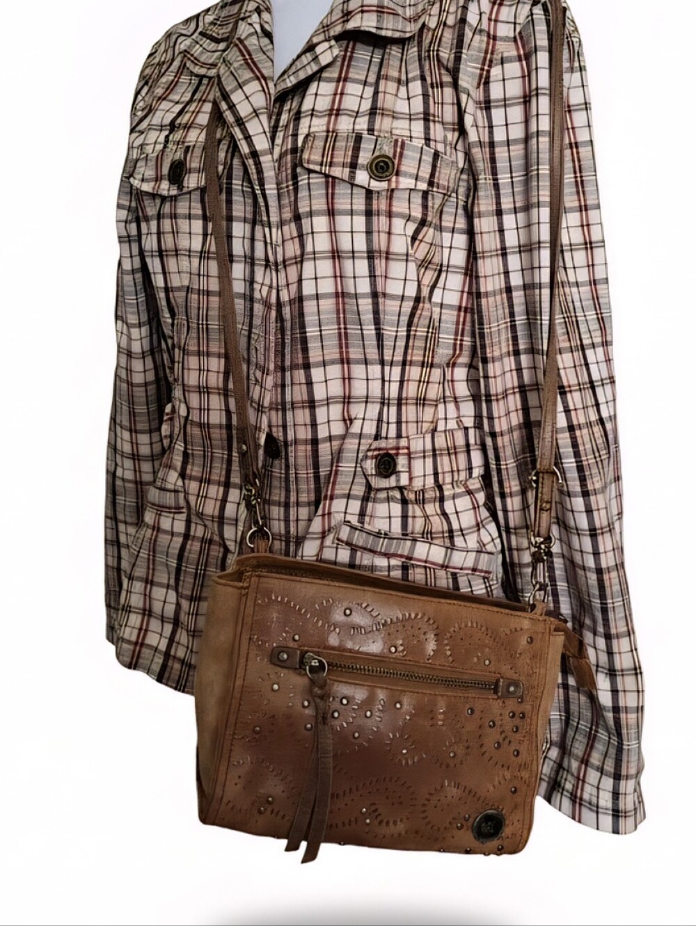 The Sak Distressed Cognac Leather Studded Cutout Crossbody Clutch Vintage Look